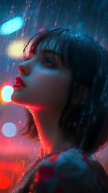 Side profile of young woman in rain with neon lighting.