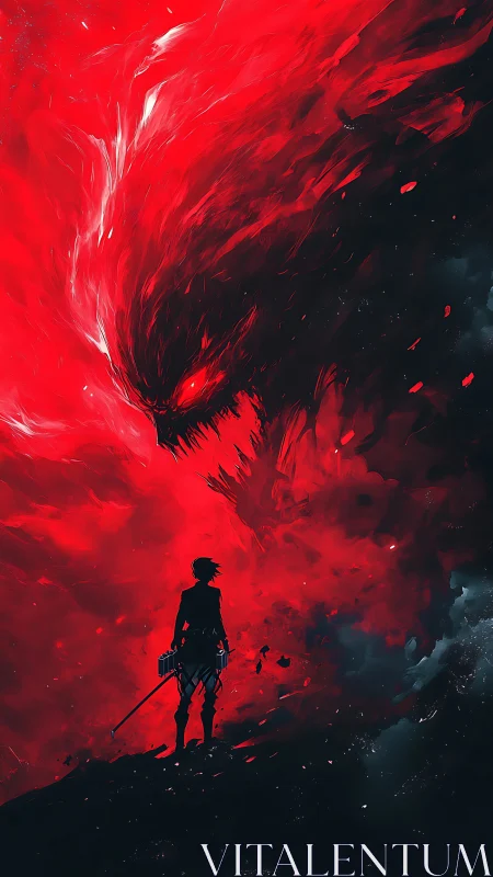 Swordsman silhouette confronts colossal red spectral beast.