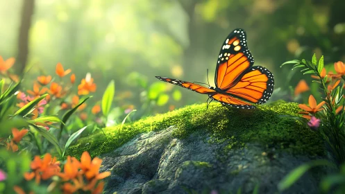 Vibrant Monarch Butterfly on Mossy Rock in Sunlit Garden Scene.