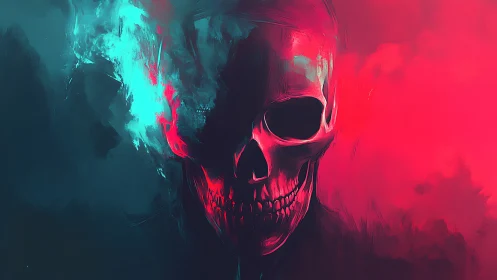 Neon skull drifts between cyan shadows and crimson haze.