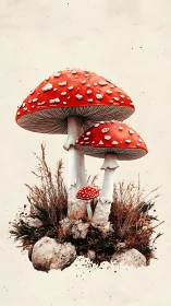 Crimson toadstool trio guarding a tiny mossy moon garden.