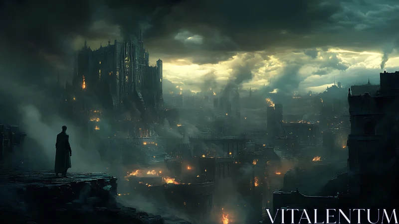 Lone figure surveys burning gothic citadel under stormfront