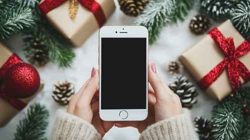 Festive phone pause amid glittering holiday gift forest.