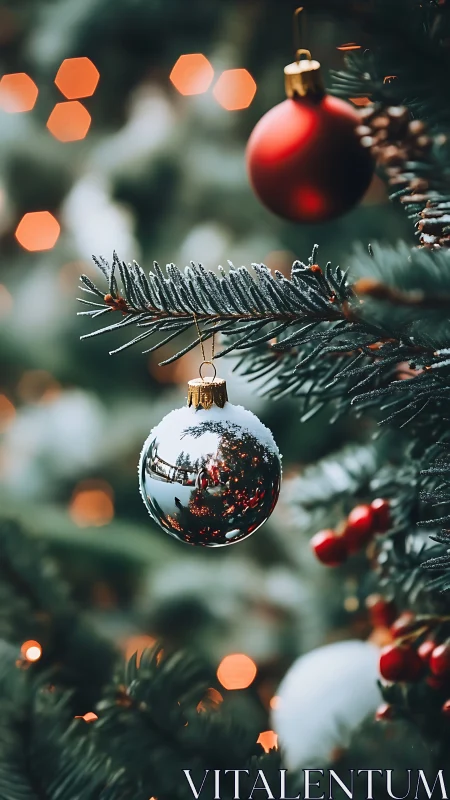 Frosted silver bauble on evergreen branch with warm bokeh.