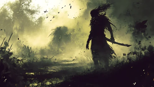 Silhouetted warrior with sword in dense misty forest.
