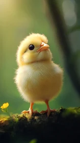 Luminescent chick encounters spring's first blossom.