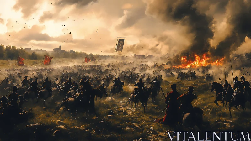 Mounted cavalry charge through incendiary battlefield haze.