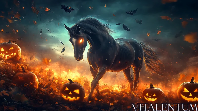 Ember-eyed nightmare horse strides through laughing pumpkins