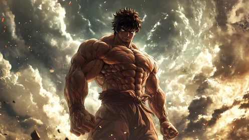 Muscular anime warrior in stormlit clouds with dramatic lighting