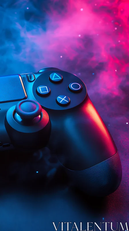 Gamepad controller rendered with neon blue and magenta atmospheric lighting