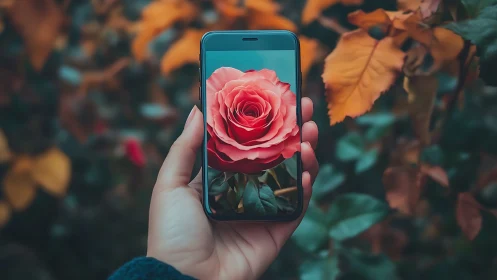 Hand Holding Smartphone Displaying Pink Rose in Autumn Garden