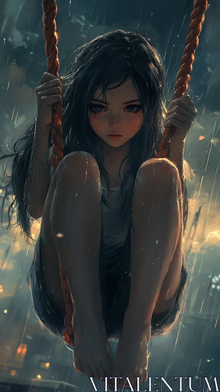 Solitary girl on a rain-soaked swing glows in city twilight