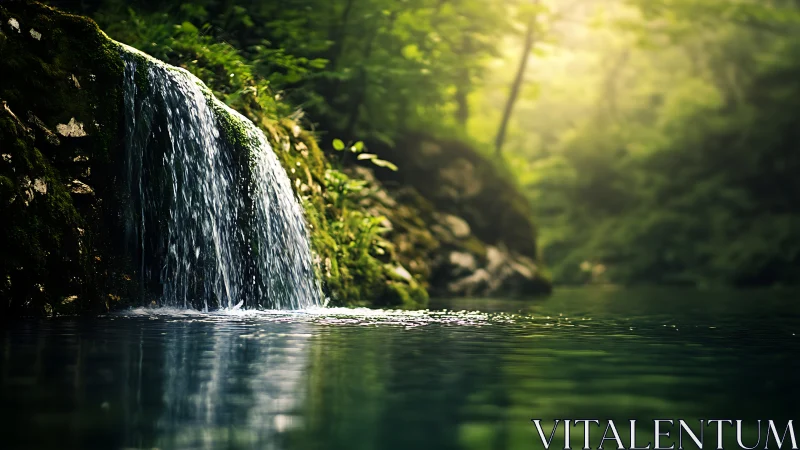 Sunlit forest waterfall pours gently into a tranquil pool