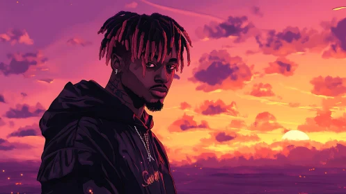 Moody portrait contrasts neon sunset sky and calm expression.