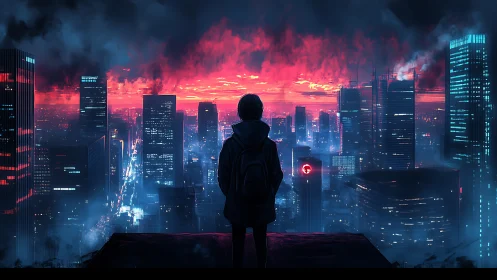 Solitary figure overlooking dense neon cityscape at dusk.