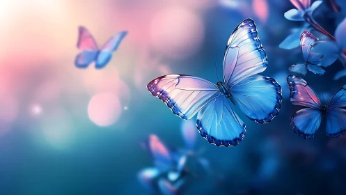 Iridescent blue butterflies in soft-focus bokeh light field.