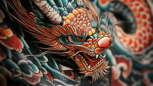 Fiery dragon tattoo coils in vivid, intricately detailed ink.