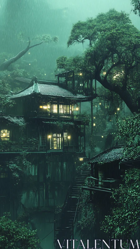 Rain-soaked treehouse retreat glows softly in emerald mist