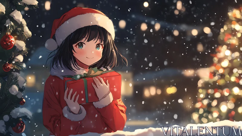 Girl in Santa outfit holds red gift outdoors in snowfall