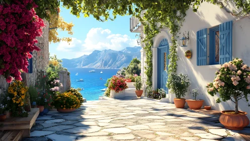 Sunlit seaside lane whispers through blue doors and blooms