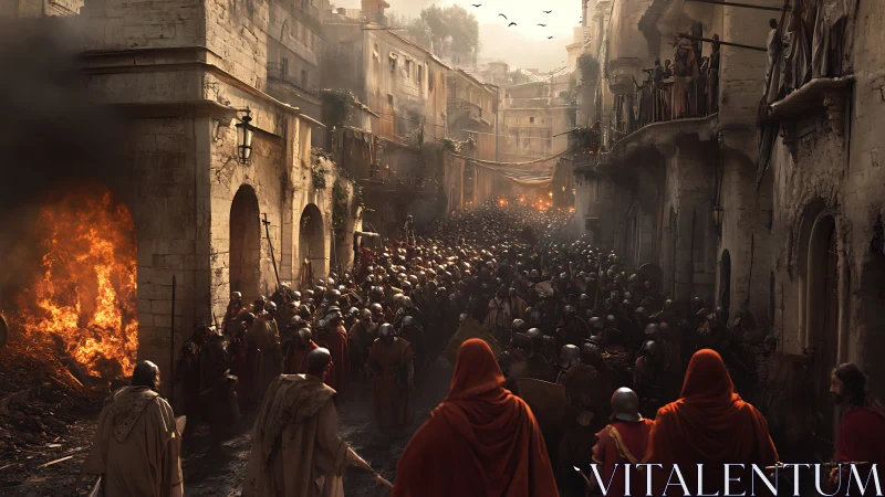 Armored legion advances through burning ancient city streets