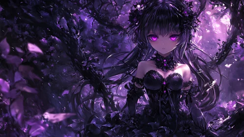 Dark forest anime sorceress glows with vivid violet power.
