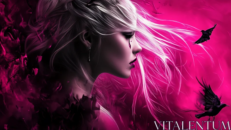 Profile portrait of crying woman with ravens in magenta storm