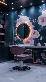 Luxury floral salon station with circular backlit mirror.