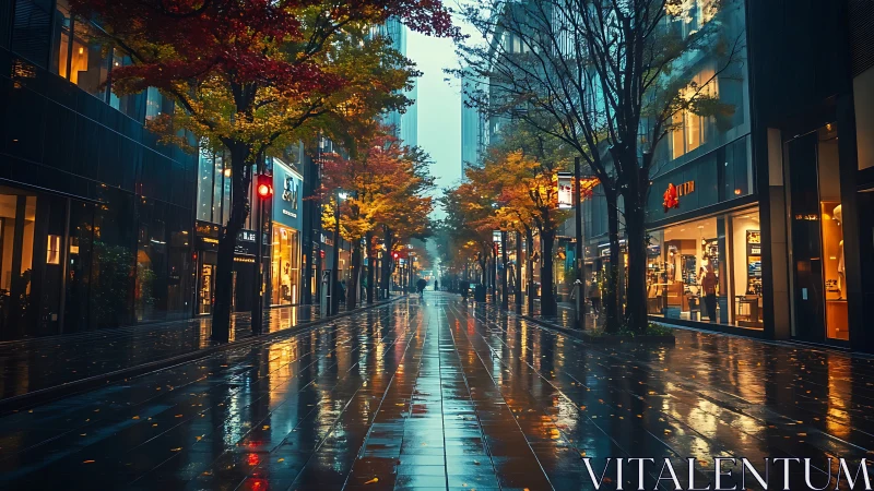 Rain-soaked urban boulevard with autumn foliage and shopfronts