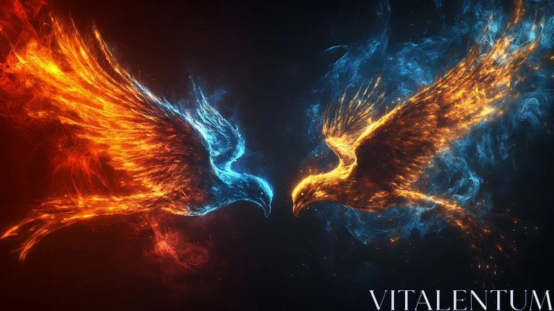 Fiery and Icy Phoenixes in Dramatic Digital Fantasy Art Style.