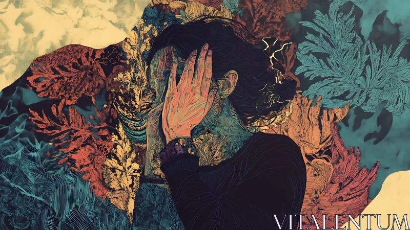 Woman hides her face amid swirling botanical chaos