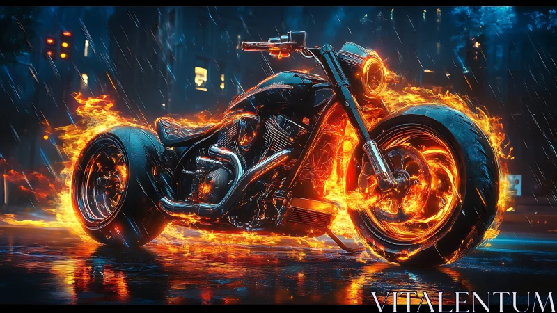 Hellfire street chopper blazes through neon rainstorm night.