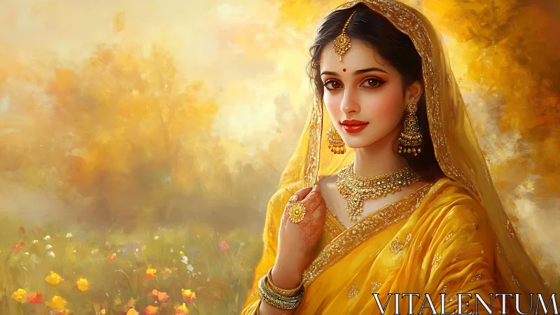 Digital portrait of jeweled woman in saffron sari with soft bokeh field