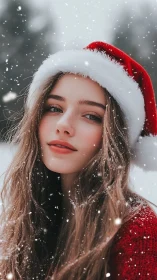 Snow-kissed daydreamer in a crimson Santa halo of winter.