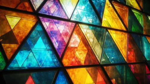 Prismatic stained glass triangles cast vivid geometric light