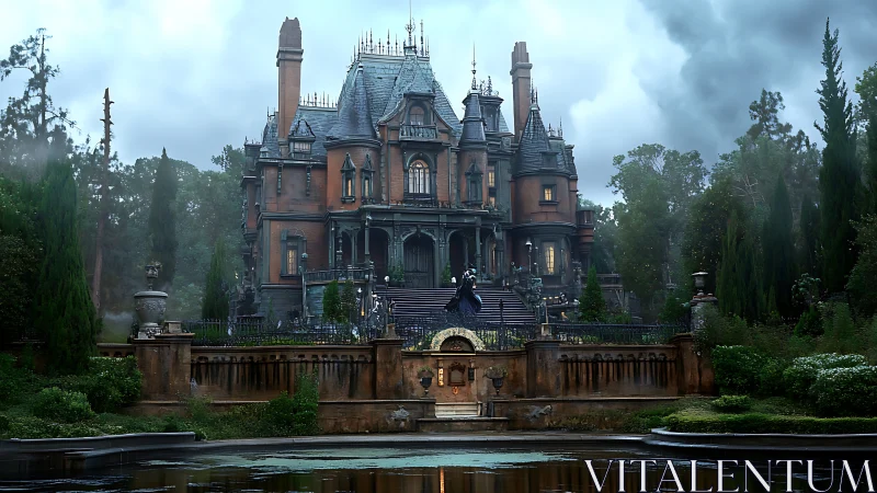 Gothic mansion with misty garden and reflective pond.