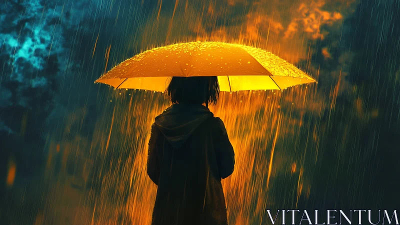 Golden umbrella glow brightens a rainy evening walk.