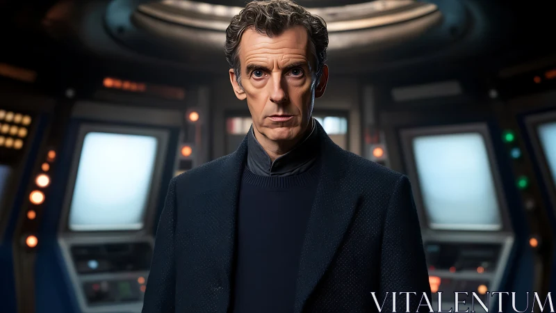 Serious man in futuristic control room environment.