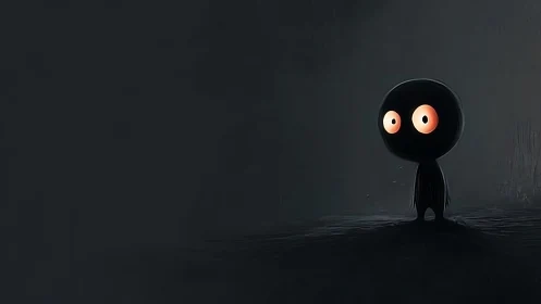 Tiny midnight wanderer with lantern eyes in quiet void.