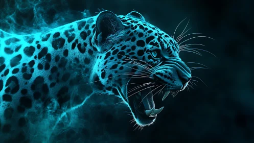 Luminescent Leopard Emerges from Neon Darkness