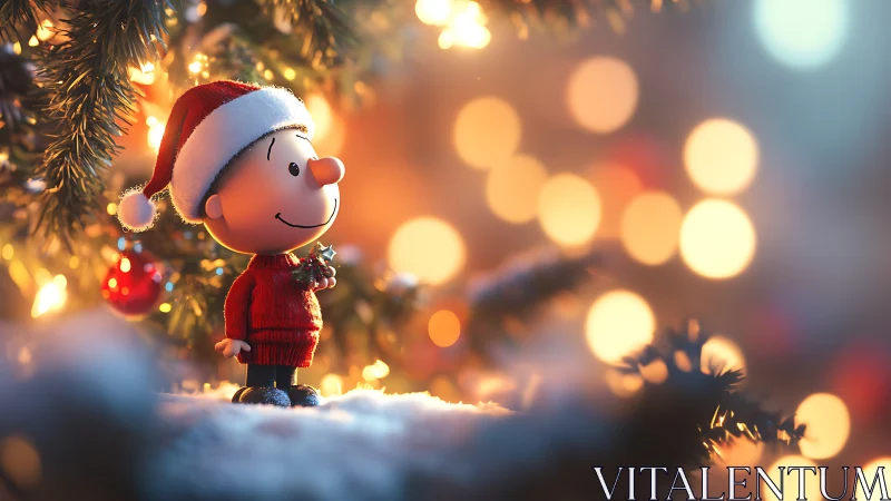 Cartoon Christmas figure standing by lit tree bokeh scene.