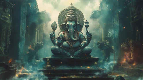 Divine Ganesha idol radiates power in misty ruined temple.