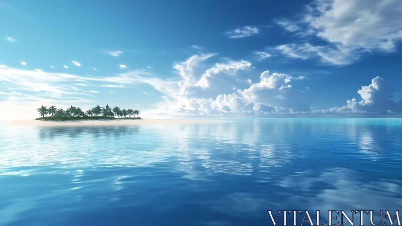 Tropical atoll landscape with volumetric cloud formations and specular water reflections
