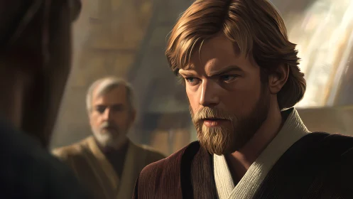 Cinematic digital portrait of focused robed warrior in dialogue