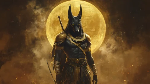 Anthropomorphic Anubis warrior framed by molten lunar backlight
