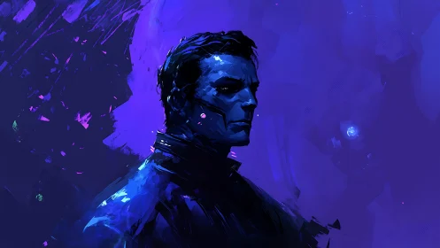 Brooding blue male portrait in abstract neon space.
