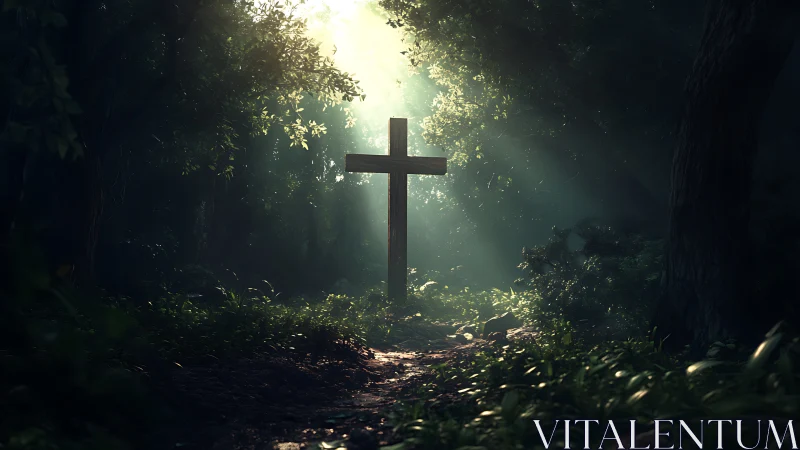 Soft morning light finds a wooden cross in a quiet forest glade