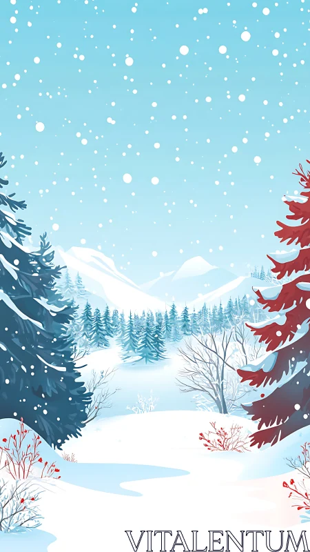 Stylized winter valley landscape with layered conifer silhouettes