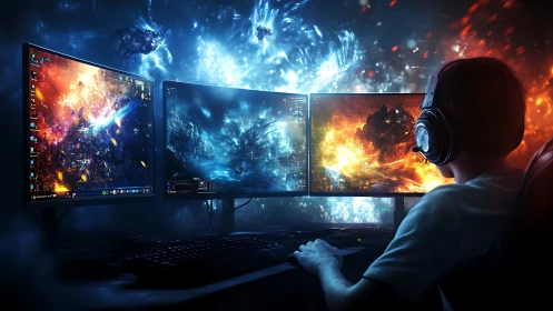 Gamer monitors space battle visuals across triple display setup