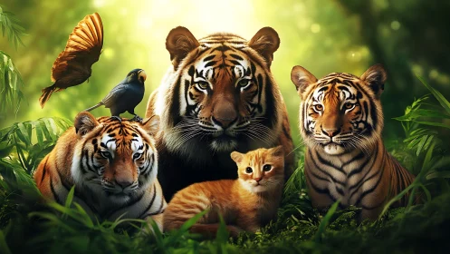 Tiger family with cubs in jungle setting.